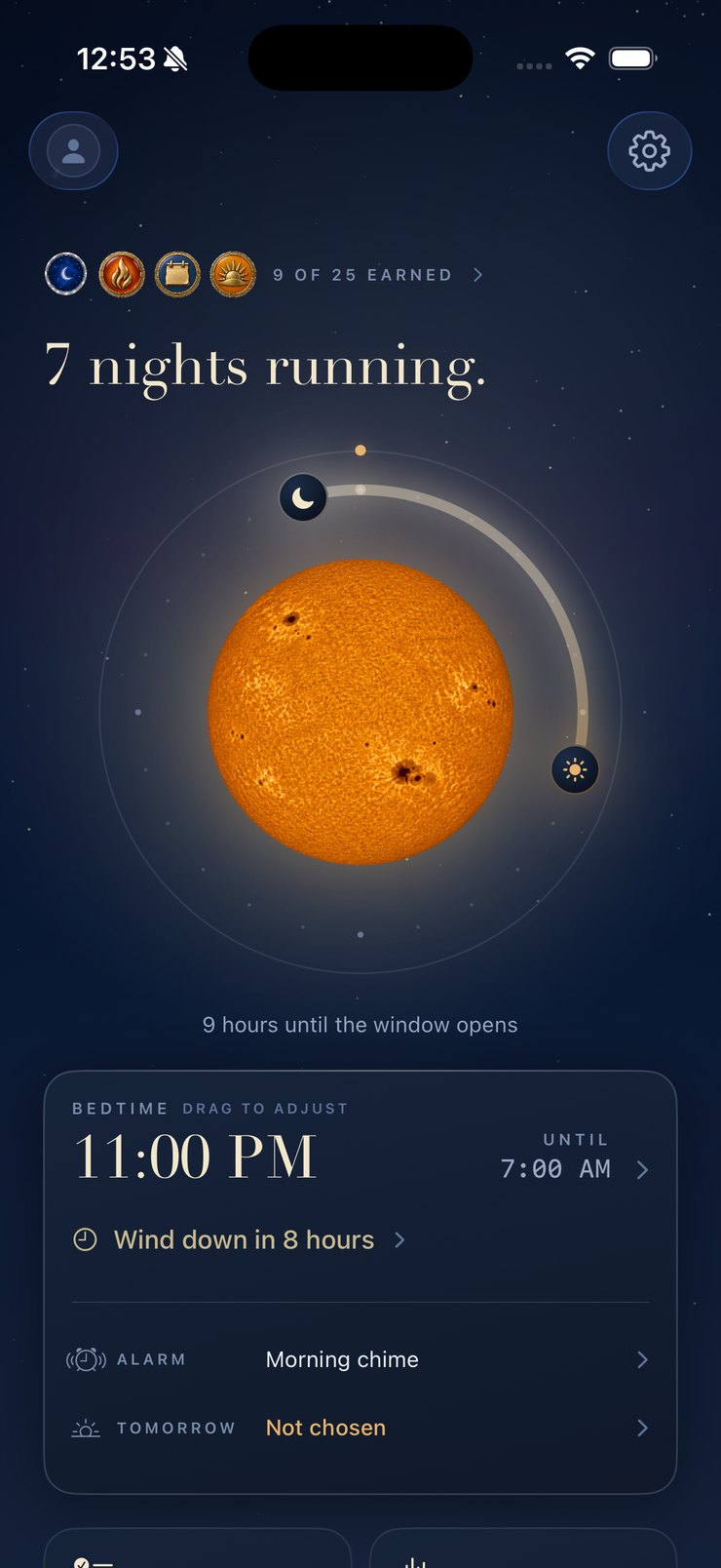 The SleepEarly home screen: a moon on a twenty-four hour dial, seven nights running, and a bedtime card reading 11:00 PM until 7:00 AM.
