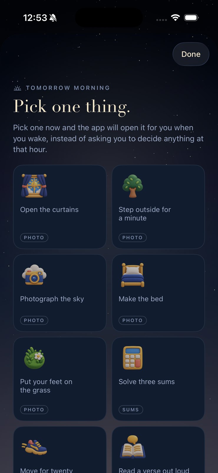 The mission picker: a grid of morning missions with illustrated icons — open the curtains, step outside, photograph the sky, make the bed.