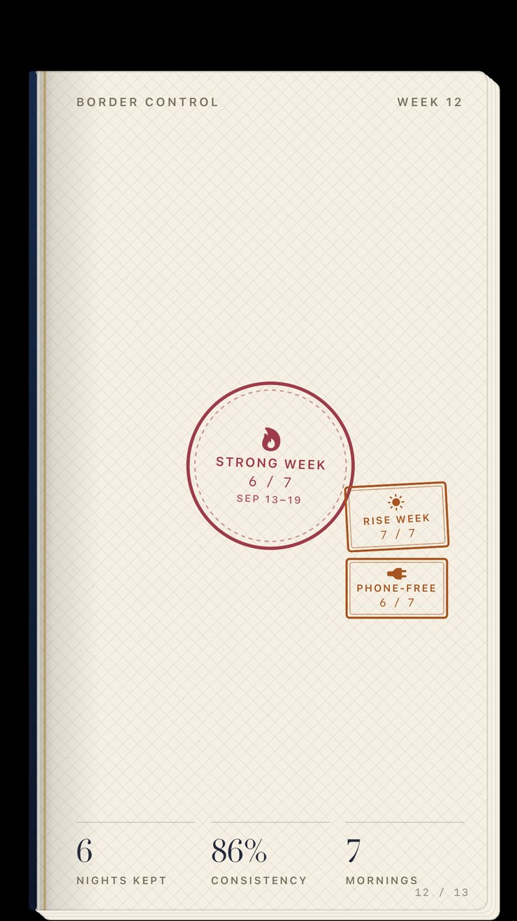 A page of the sleep passport: a border-control stamp for a perfect week, with Rise Week and Phone-Free stamps beside it.