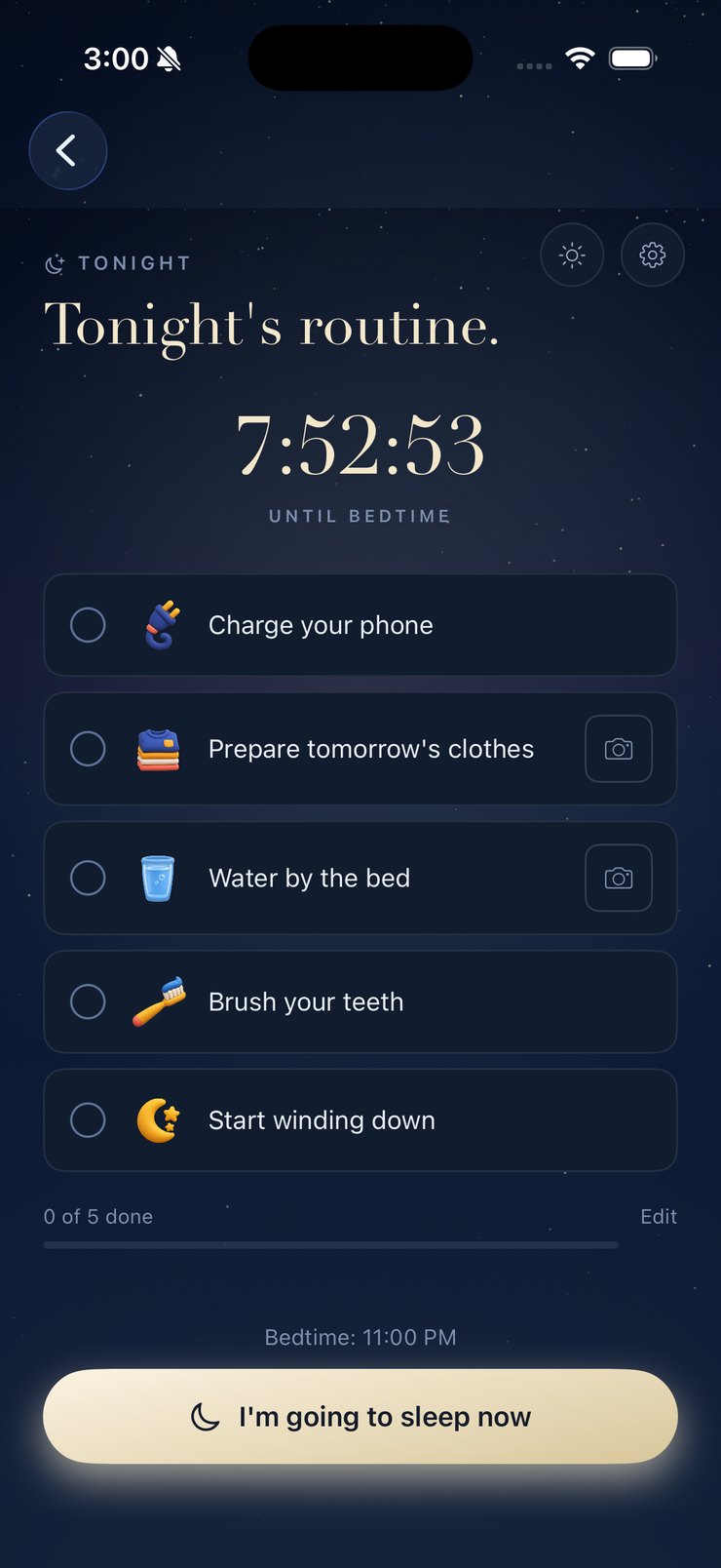 Tonight's routine: five tasks with illustrated icons and a countdown to bedtime.